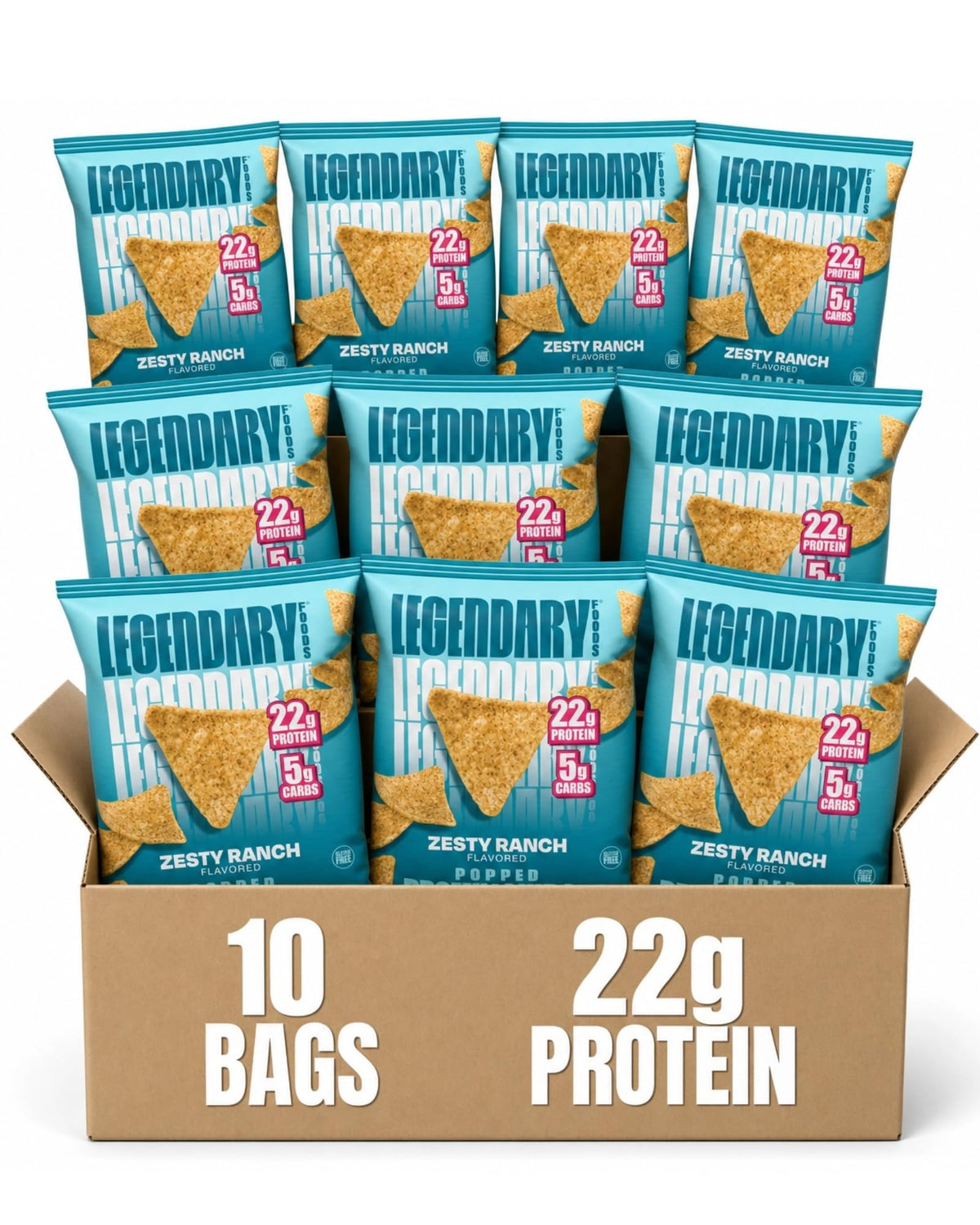 Legendary Foods paquete frontal mostrando proteína alta y sabor Zesty Ranch