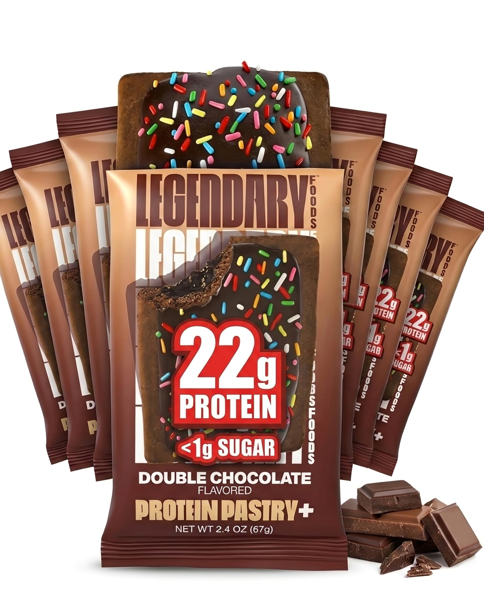 Legendary Foods frente del empaque mostrando el pastel proteico y beneficios