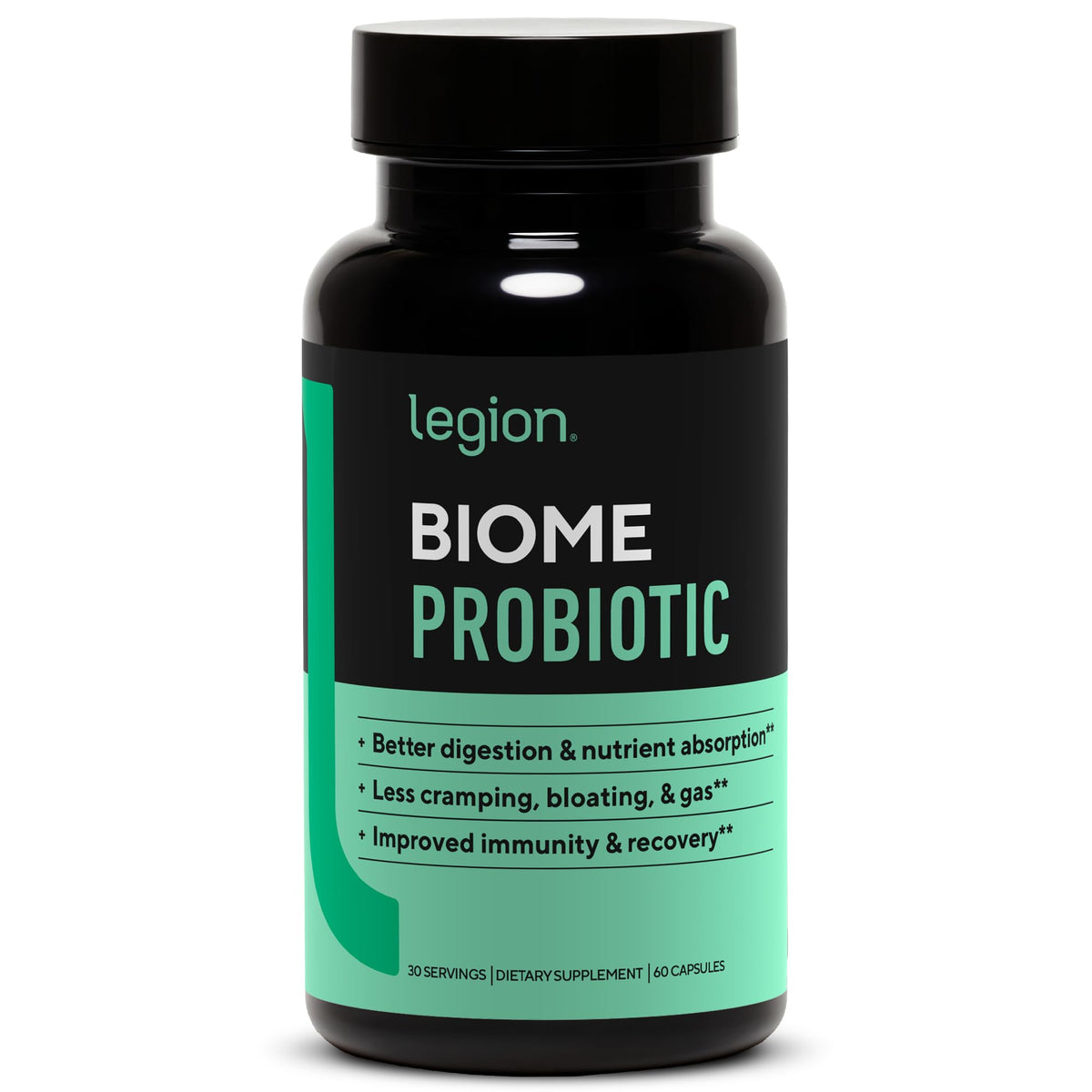LEGION envase frontal mostrando suplemento probiótico y claridad de ingredientes