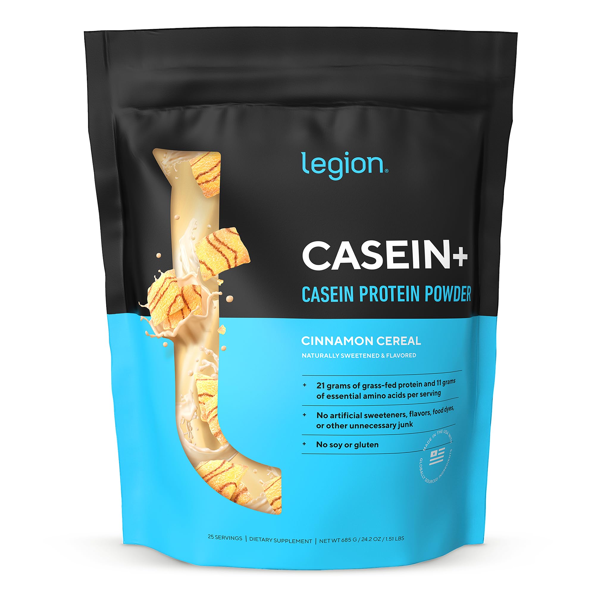 LEGION envase frontal Cinnamon Cereal mostrando sabor y beneficios