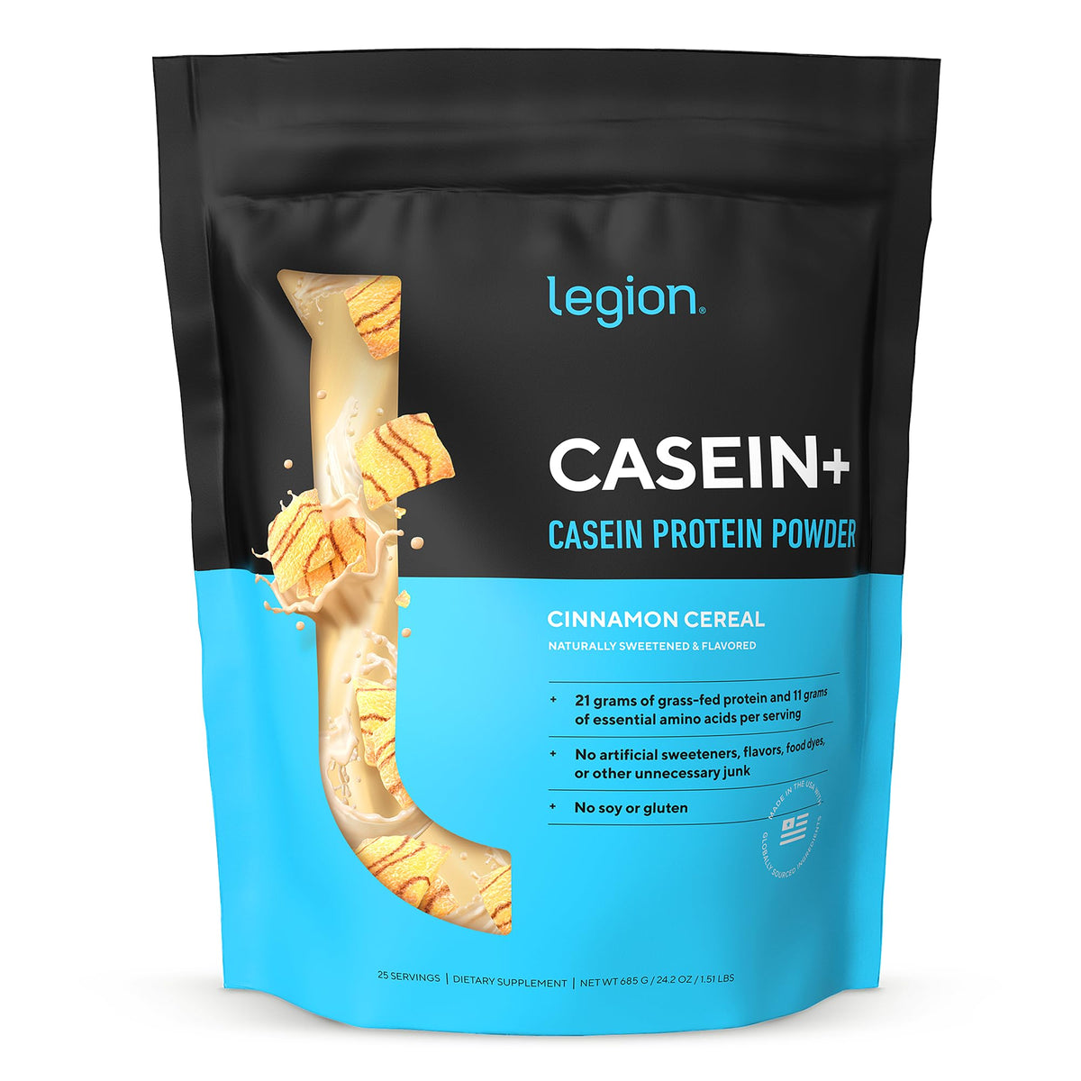 LEGION envase frontal Cinnamon Cereal mostrando sabor y beneficios
