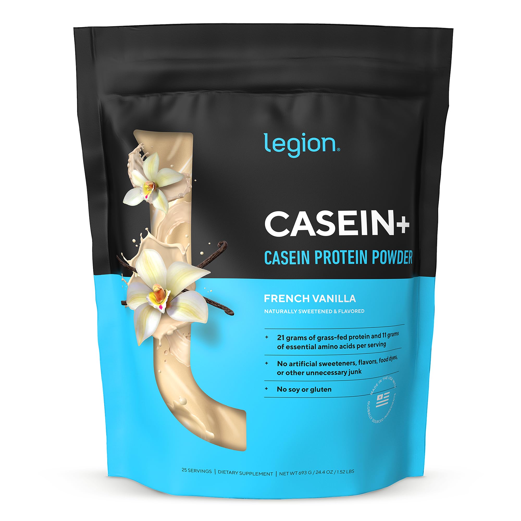 LEGION envase frontal mostrando sabor French Vanilla y beneficios claros