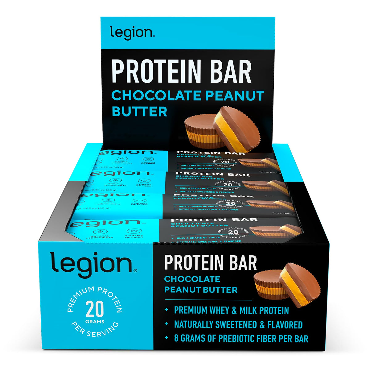 LEGION empaque frontal sabor chocolate mantequilla de cacahuate mostrando beneficios