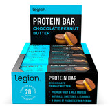 LEGION empaque frontal sabor chocolate mantequilla de cacahuate mostrando beneficios