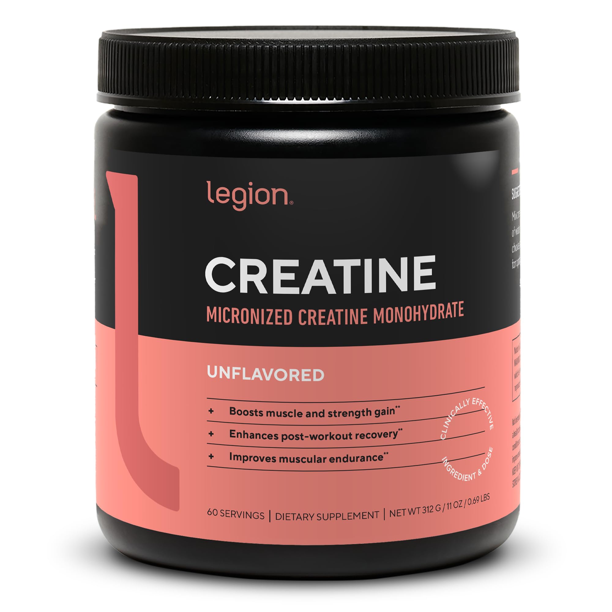 LEGION envase frontal mostrando creatina pura y diseño claro