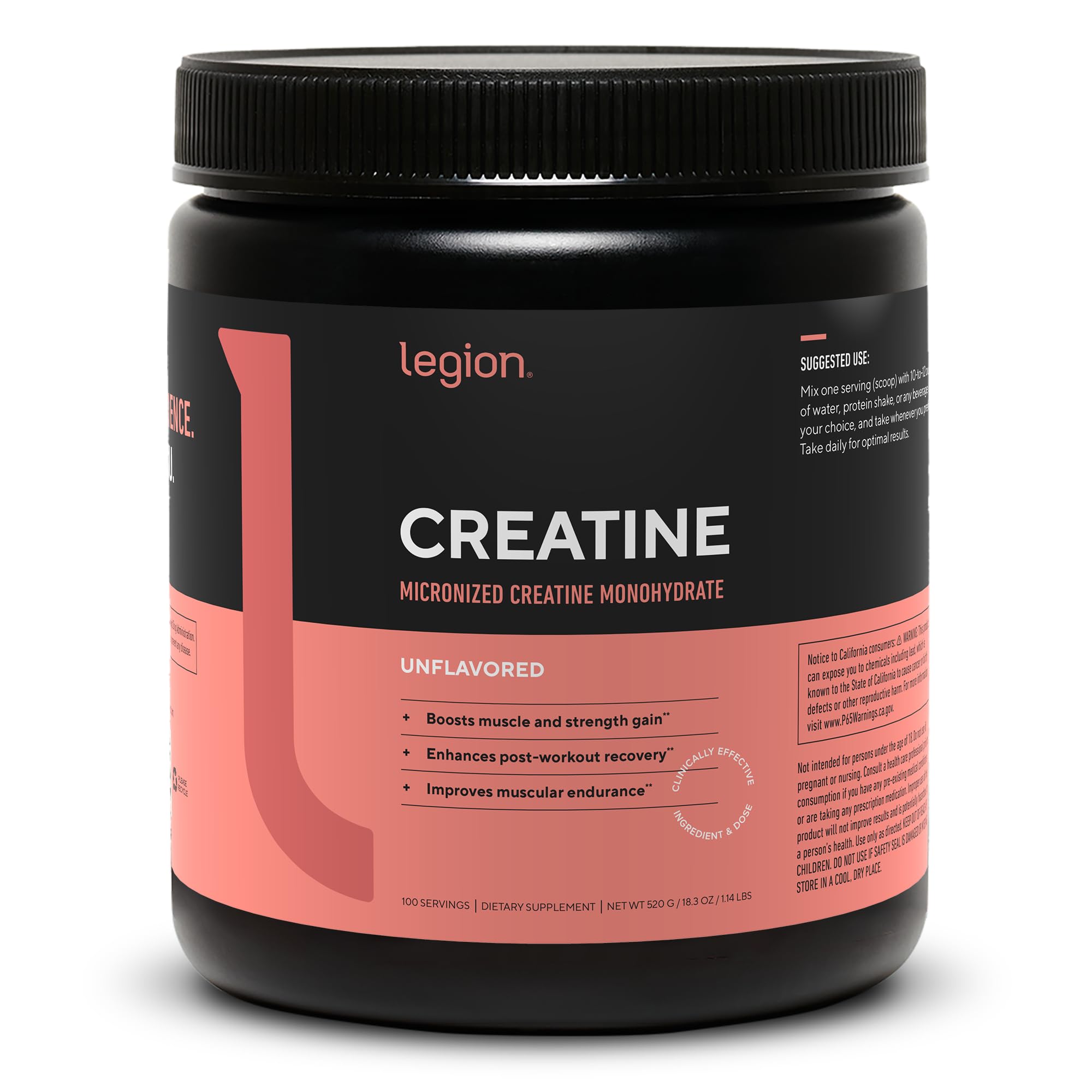 LEGION creatina en envase frontal mostrando diseño y cantidad, confianza y limpieza