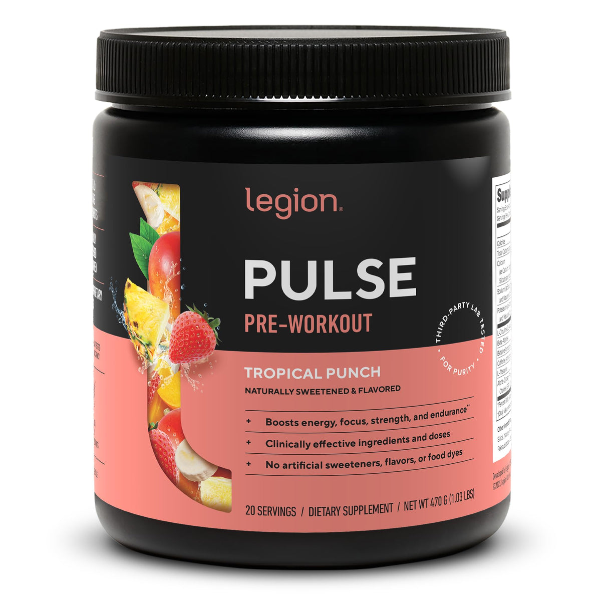 LEGION Pulse frente del envase mostrando diseño y sabor tropical