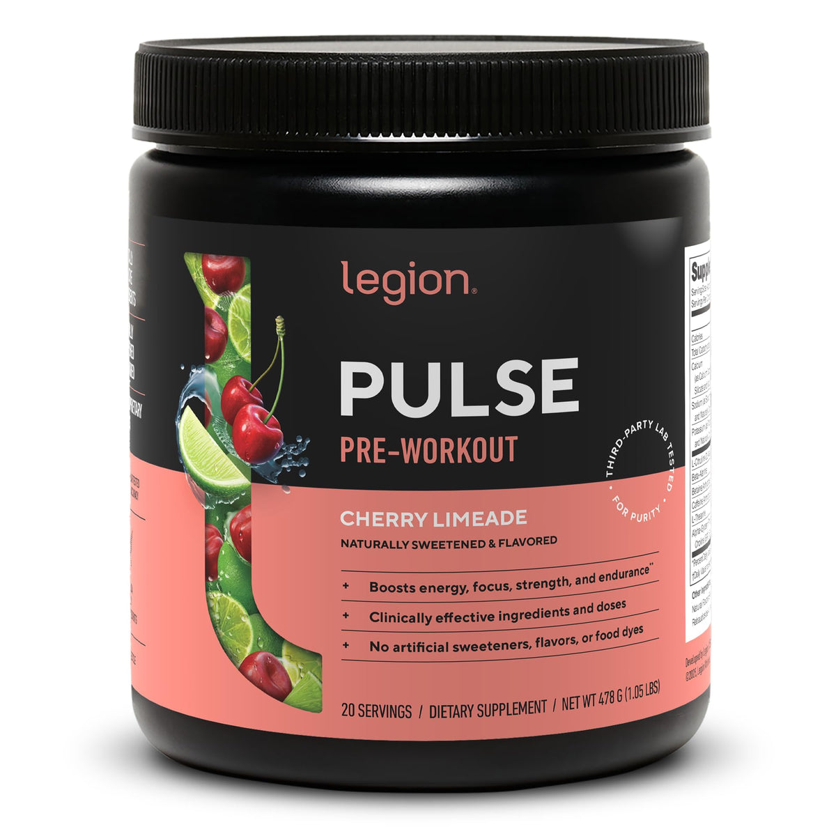 LEGION Pulse frente del envase mostrando etiqueta transparente y beneficio de pureza