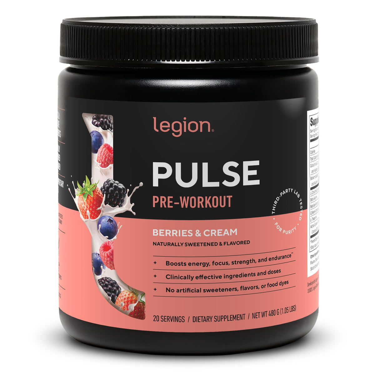 LEGION Pulse frente del envase mostrando sabor berries and cream y beneficios