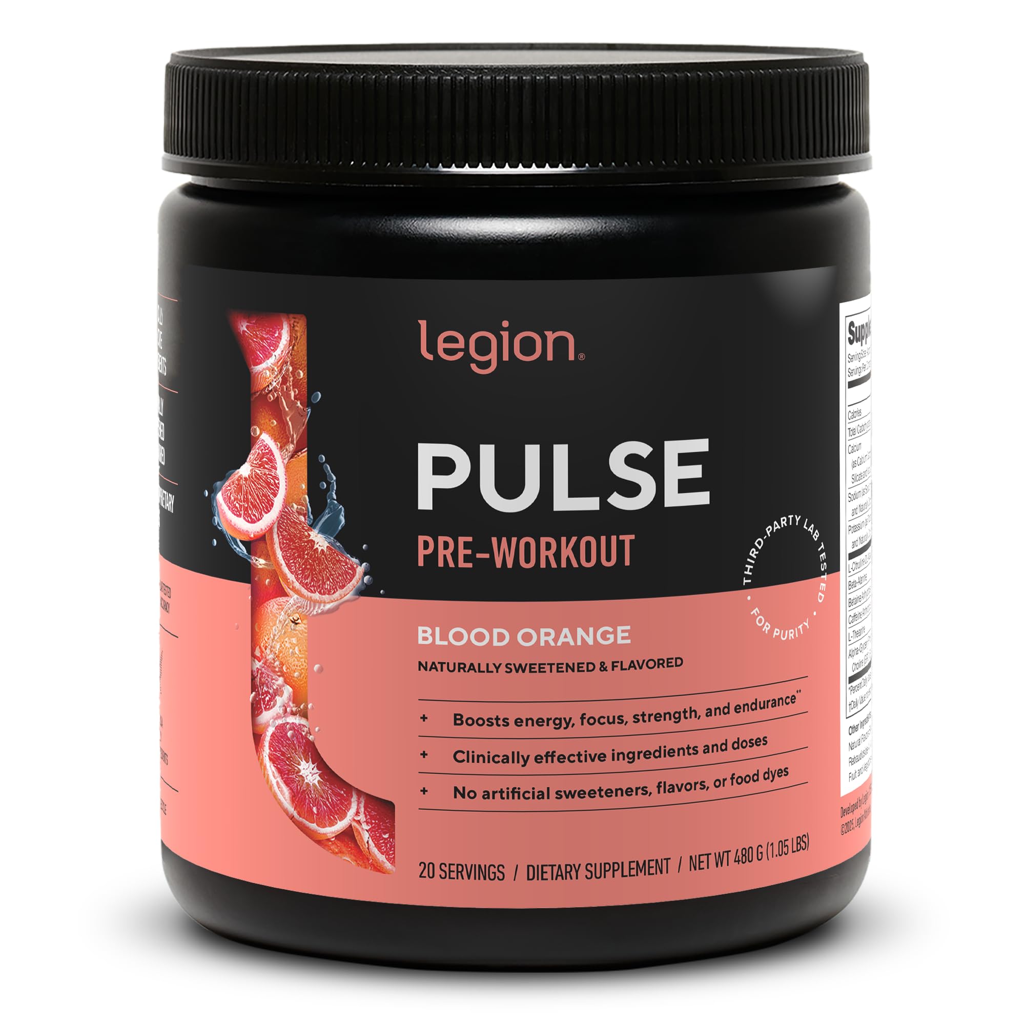 LEGION Pulse frente del envase mostrando sabor Blood Orange y beneficios claros