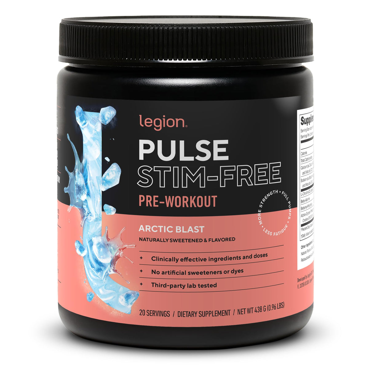 LEGION Pulse frente del envase mostrando diseño y tamaño, confianza en la fórmula