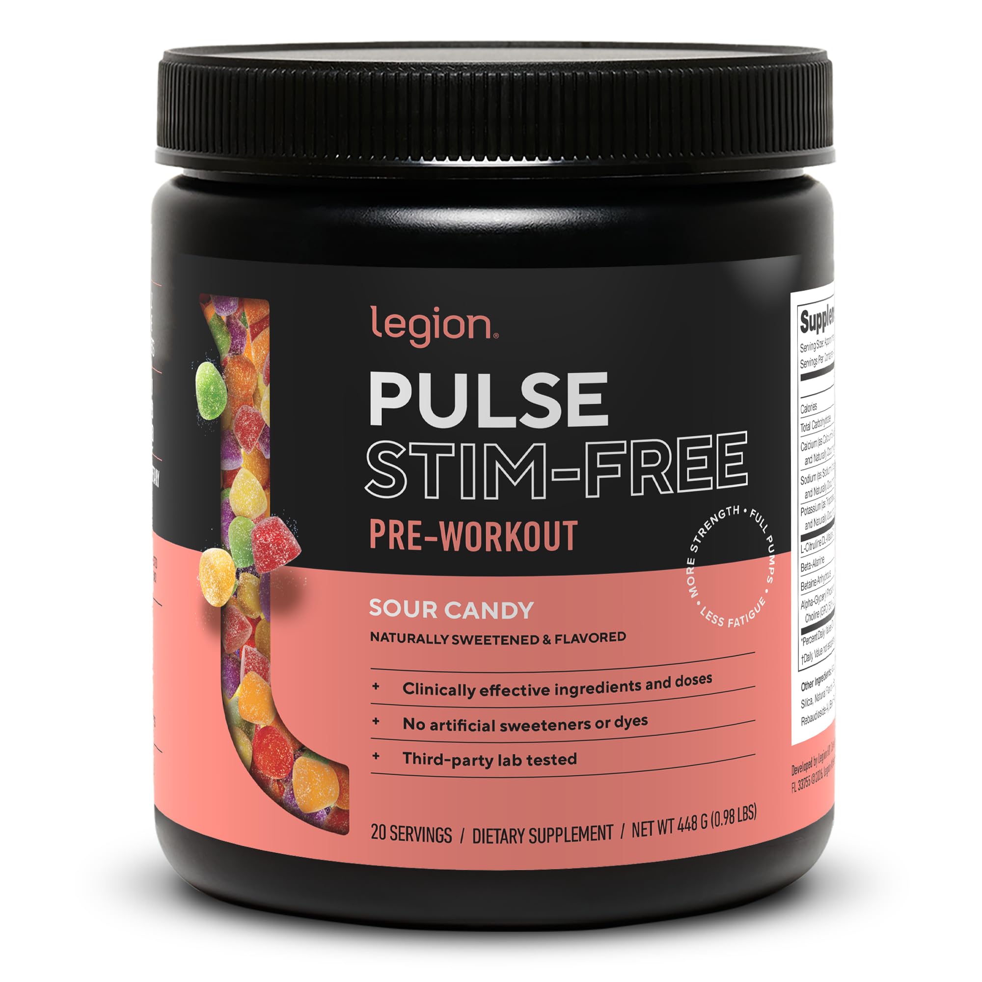 LEGION Pulse frente del envase mostrando diseño y beneficio de energía sin cafeína