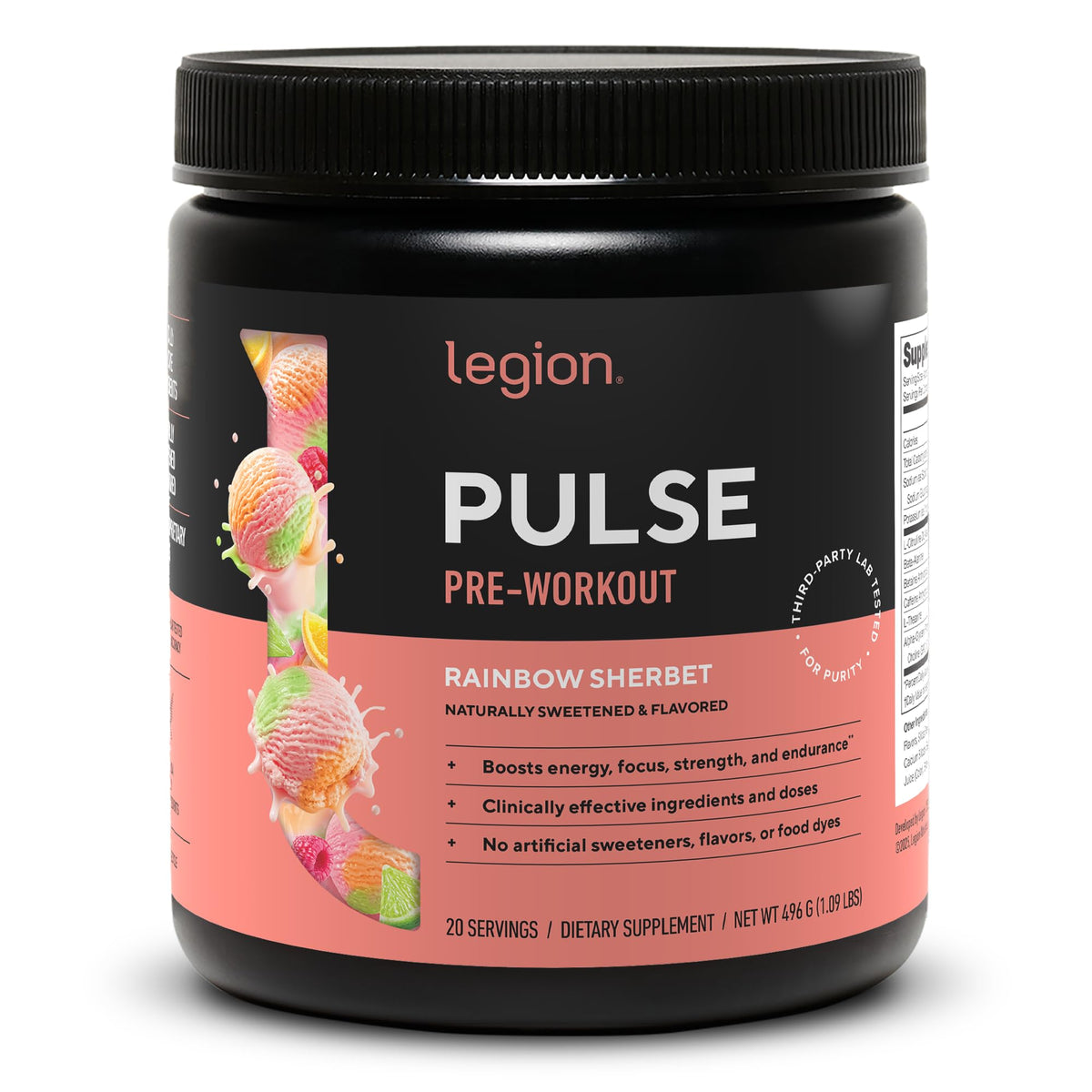 LEGION bote frontal con etiqueta visible y beneficio de claridad de ingredientes
