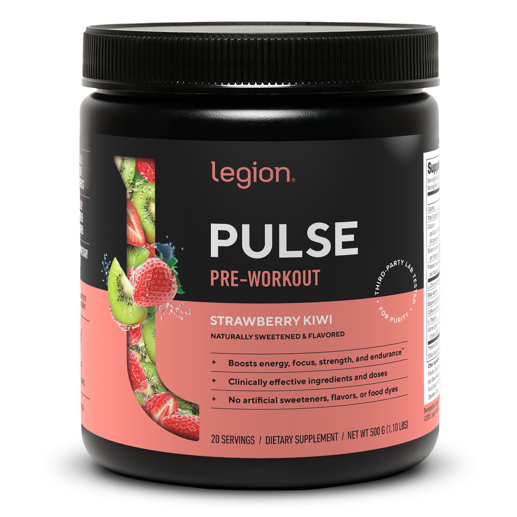 LEGION Pulse frontal del envase mostrando diseño y sabor fresa-kiwi, confianza de calidad