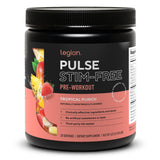 LEGION Pulse vista frontal del envase mostrando la etiqueta transparente y beneficios