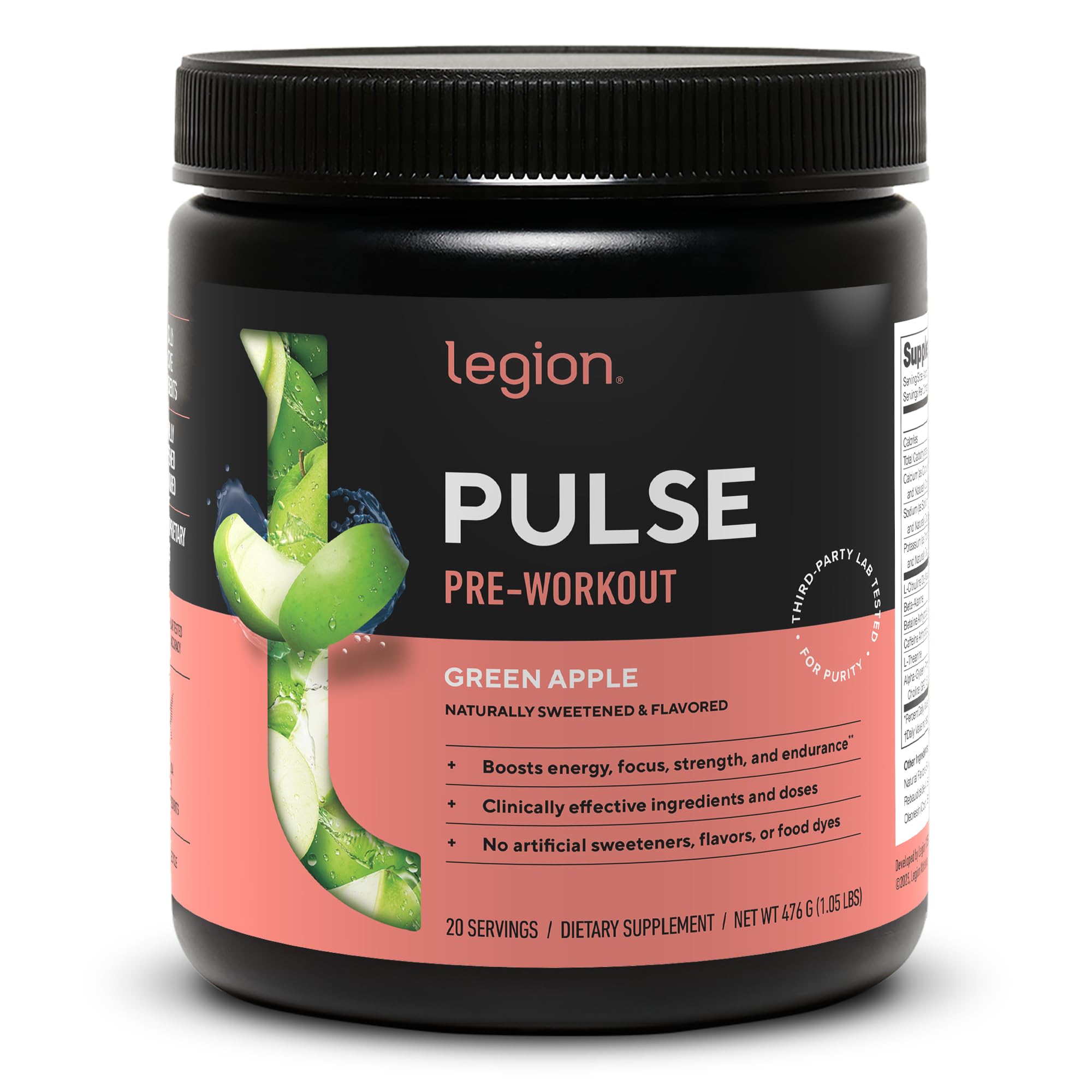 LEGION Pulse vista frontal del envase mostrando sabor manzana verde y beneficios