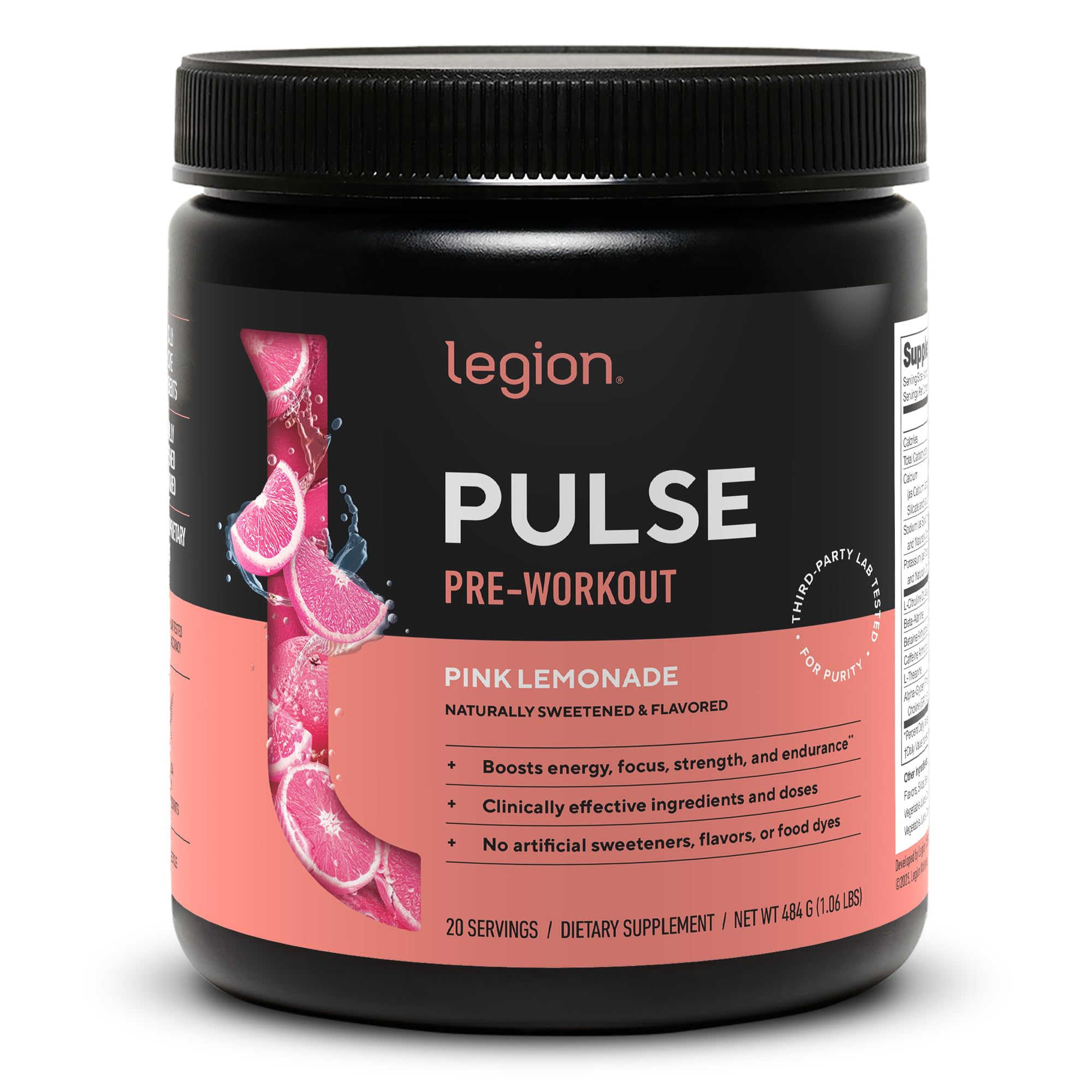 LEGION Pulse preentreno frontal mostrando envase y sabor Pink Lemonade, transmite confianza