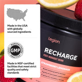 LEGION Recharge primer plano de creatina micronizada indicando pureza y eficacia