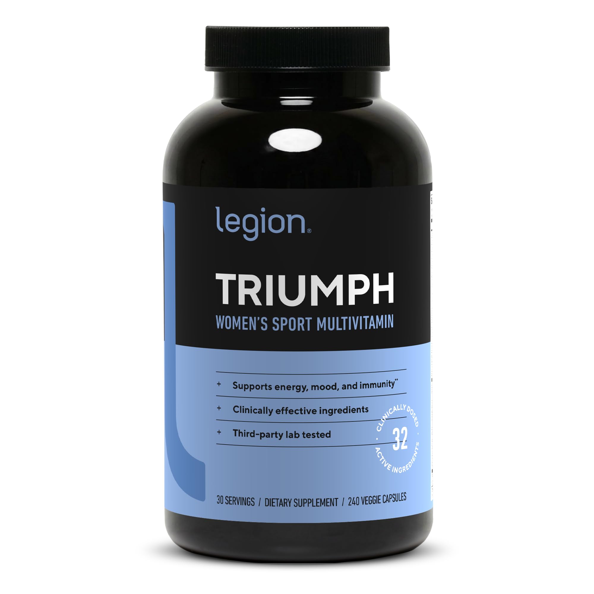 LEGION envase frontal de Triumph multivitamínico, útil para energía diaria