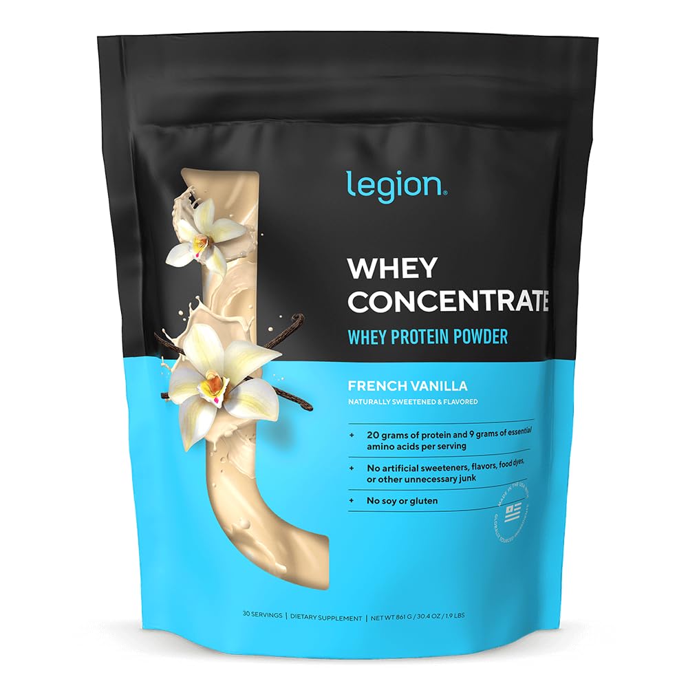Envase LEGION Whey Protein vainilla mostrando diseño y porciones, confianza y calidad