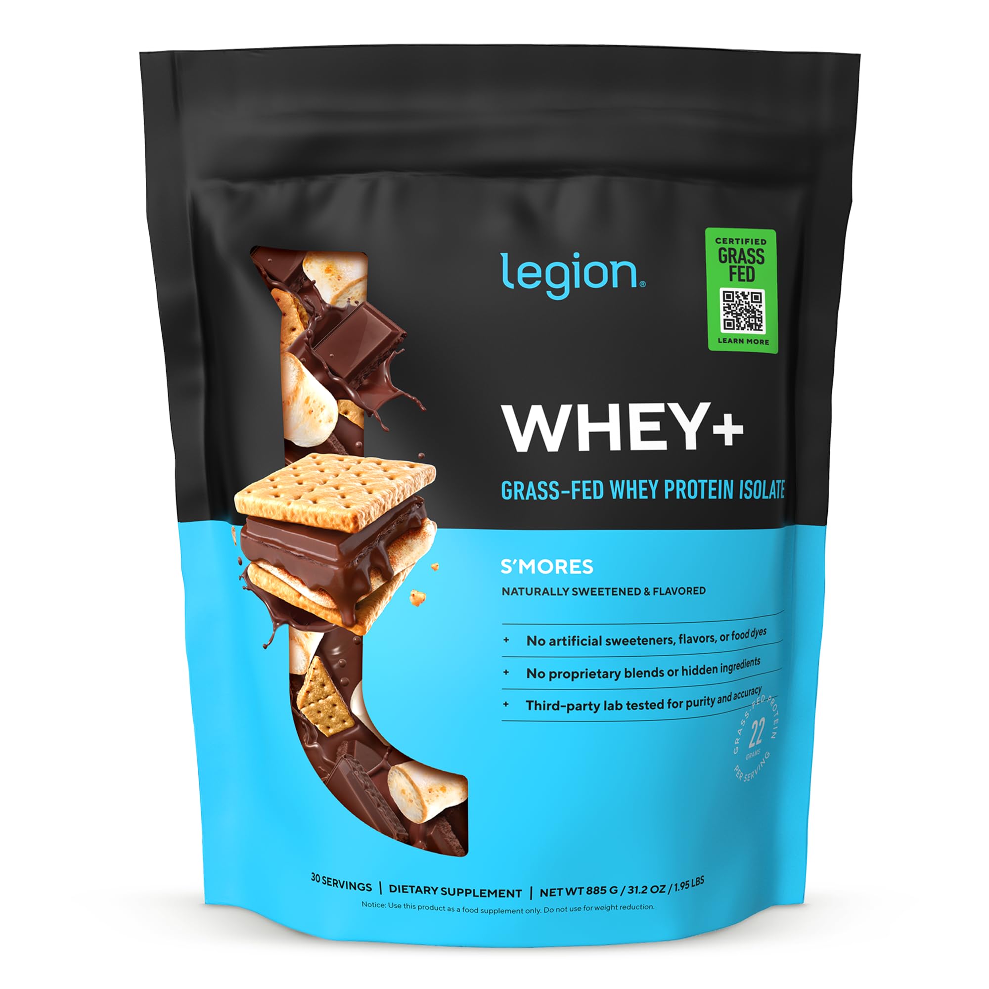 LEGION envase frontar S'mores mostrando diseño y beneficio proteína limpia