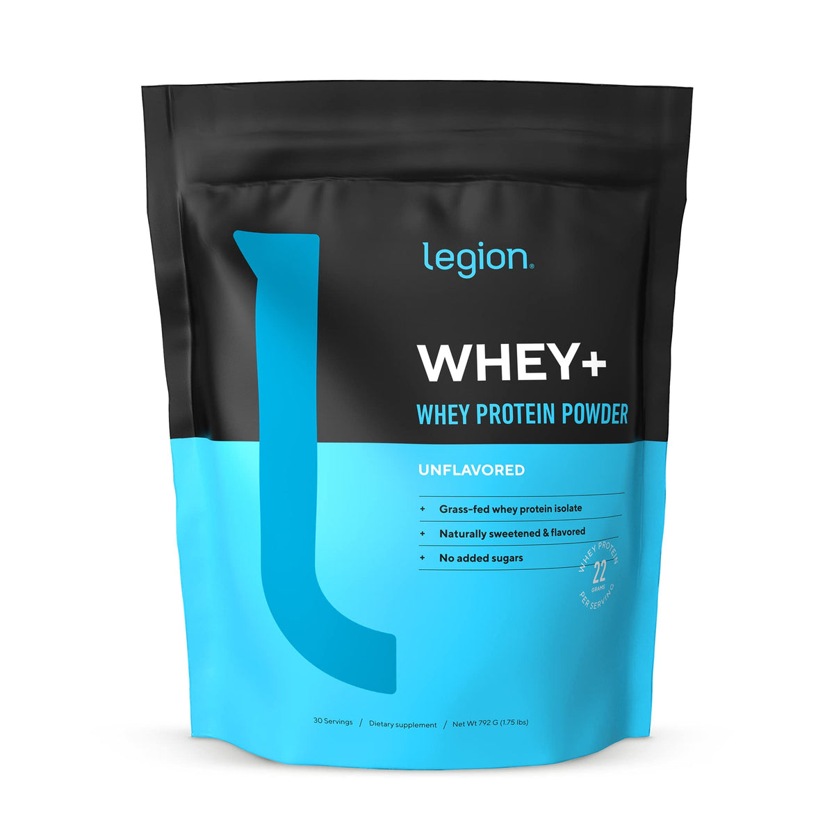 LEGION empaque frontal del Whey+ mostrando 30 porciones y pureza