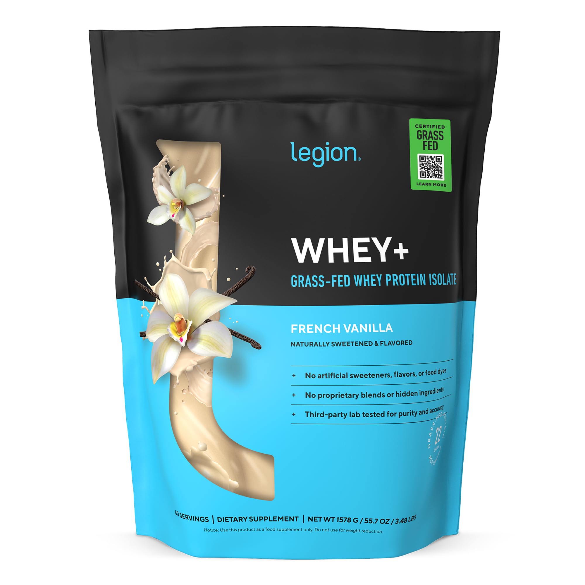 LEGION Whey+ frente del envase mostrando sabor french vanilla y beneficios