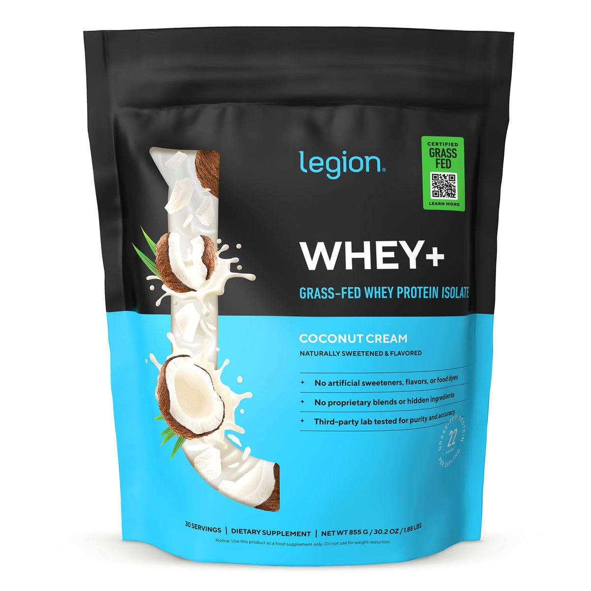 LEGION envase frontal de Whey+ sabor Coconut Cream Pie, apariencia limpia y profesional