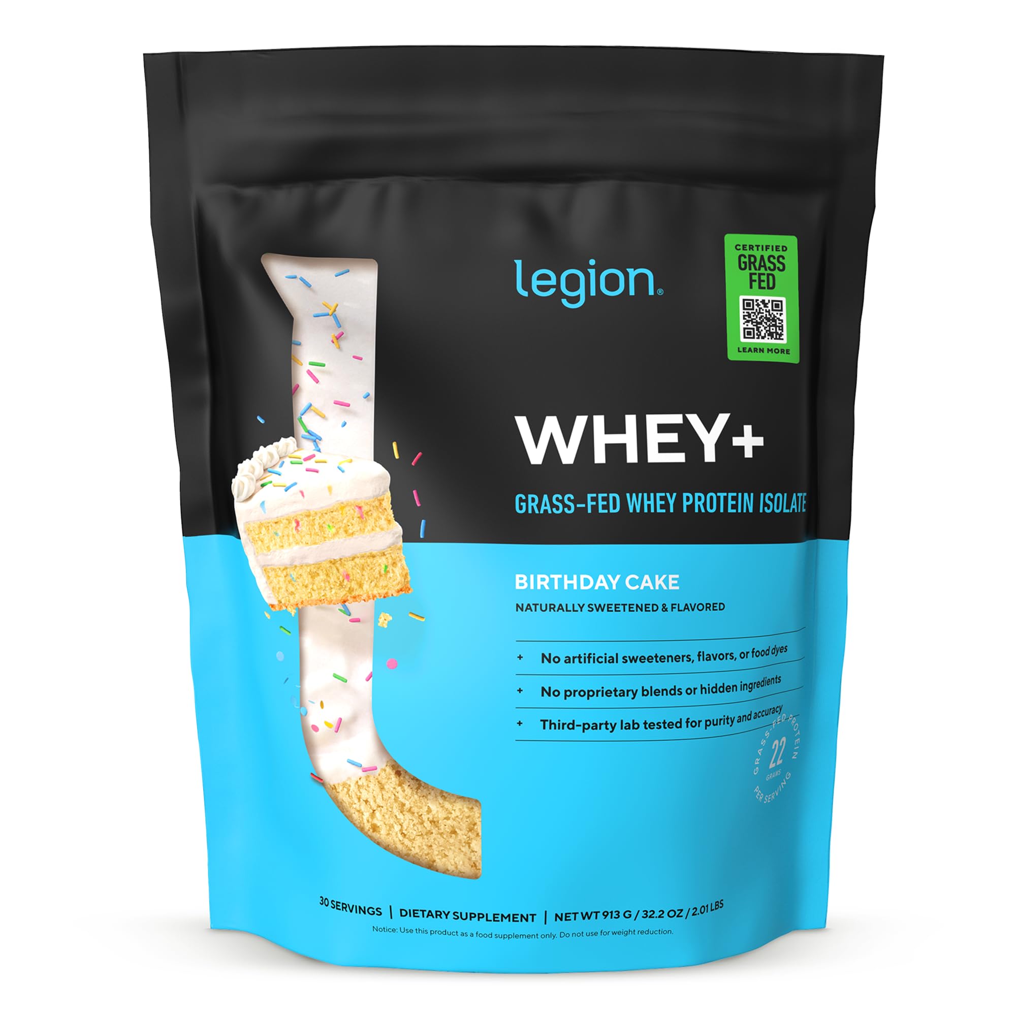 LEGION Whey+ frente del envase mostrando diseño y sabor Birthday Cake