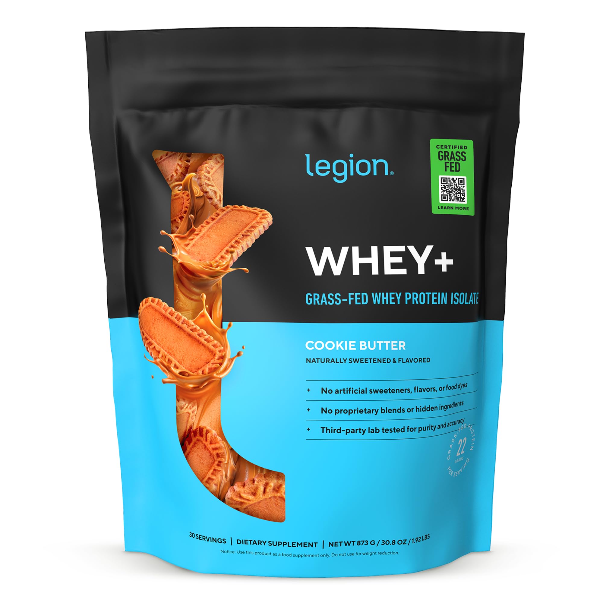 LEGION Whey+ frente del empaque mostrando sabor Cookie Butter y limpieza de ingredientes