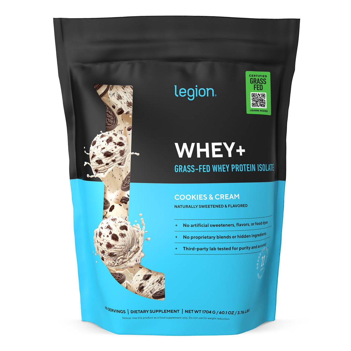 LEGION envase frontal Cookies & Cream mostrando la marca y beneficios