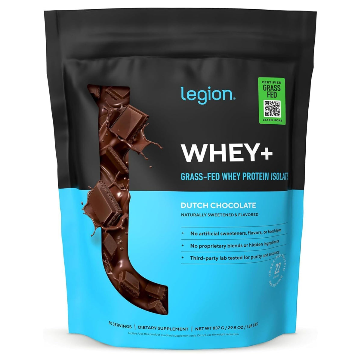 LEGION Whey+ frente del empaque mostrando sabor chocolate y beneficios