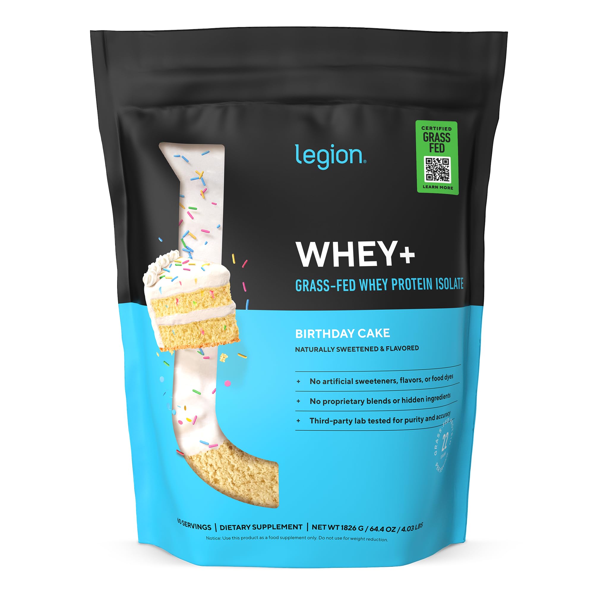 LEGION envase frontal Birthday Cake mostrando diseño y beneficio limpieza