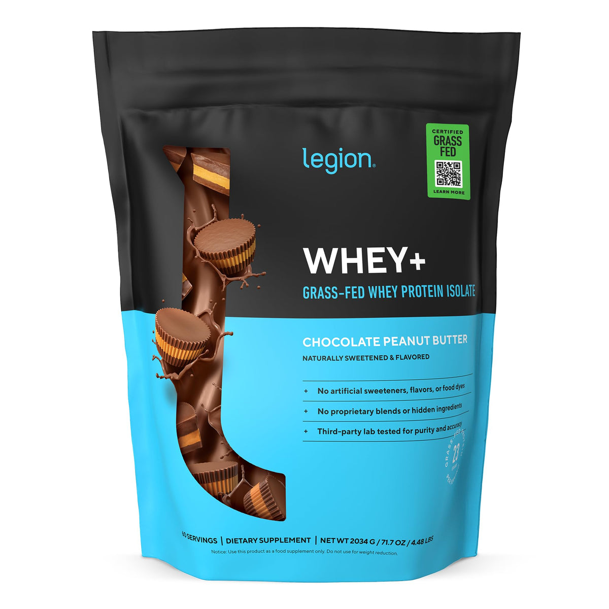 LEGION bote frontal mostrando el sabor chocolate peanut butter y beneficios claros
