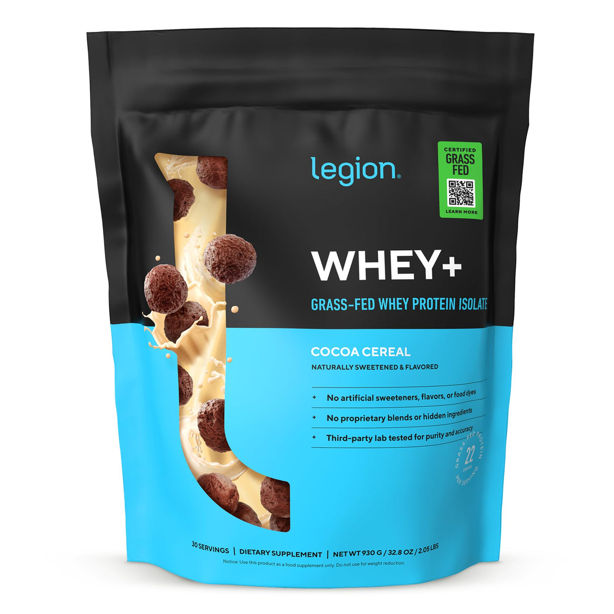 LEGION Whey+ frente del empaque mostrando sabor y beneficios