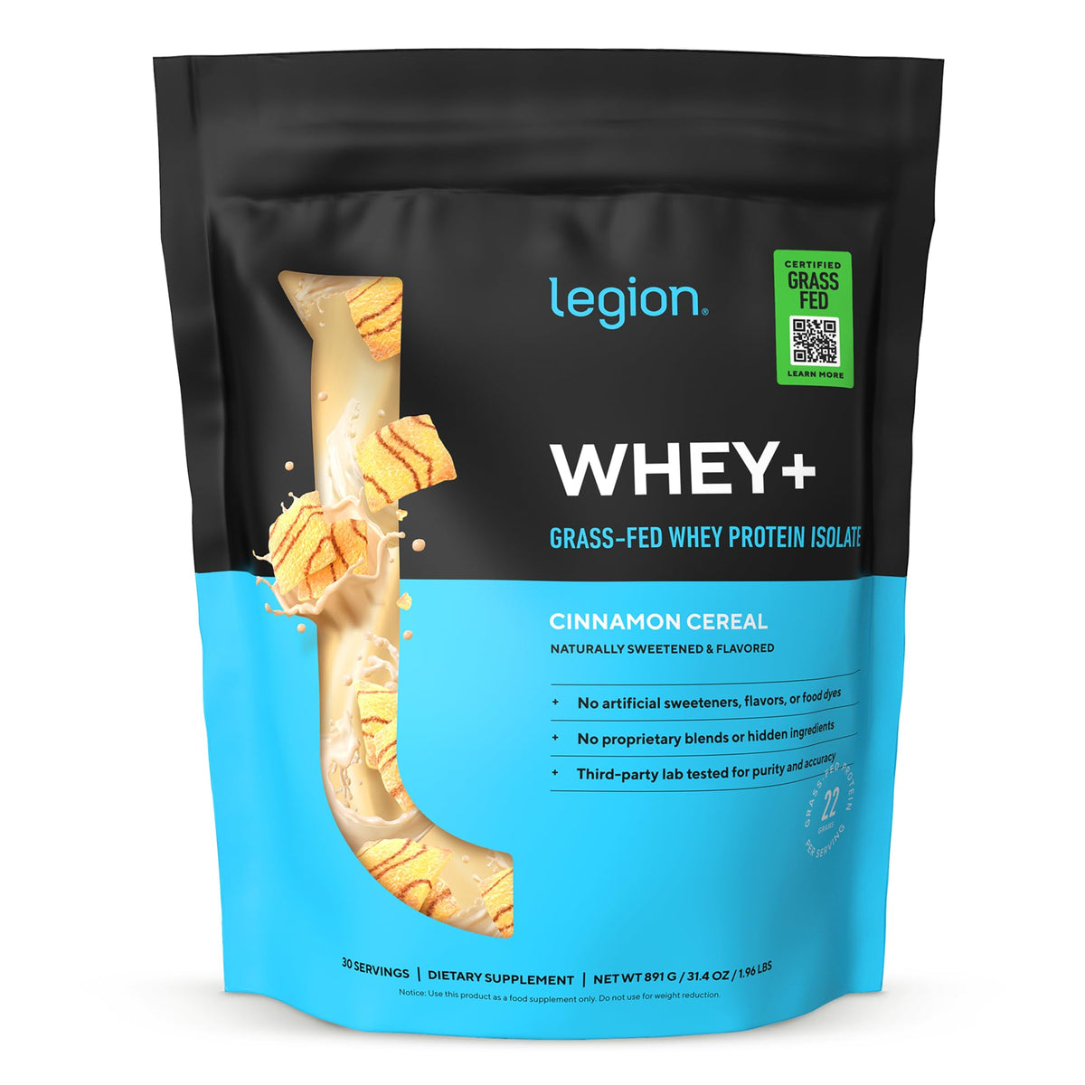 LEGION empaque frontal Canela Cereal mostrando ingredientes y beneficio de pureza