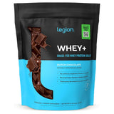 LEGION Whey+ frente del empaque mostrando sabor chocolate y beneficios