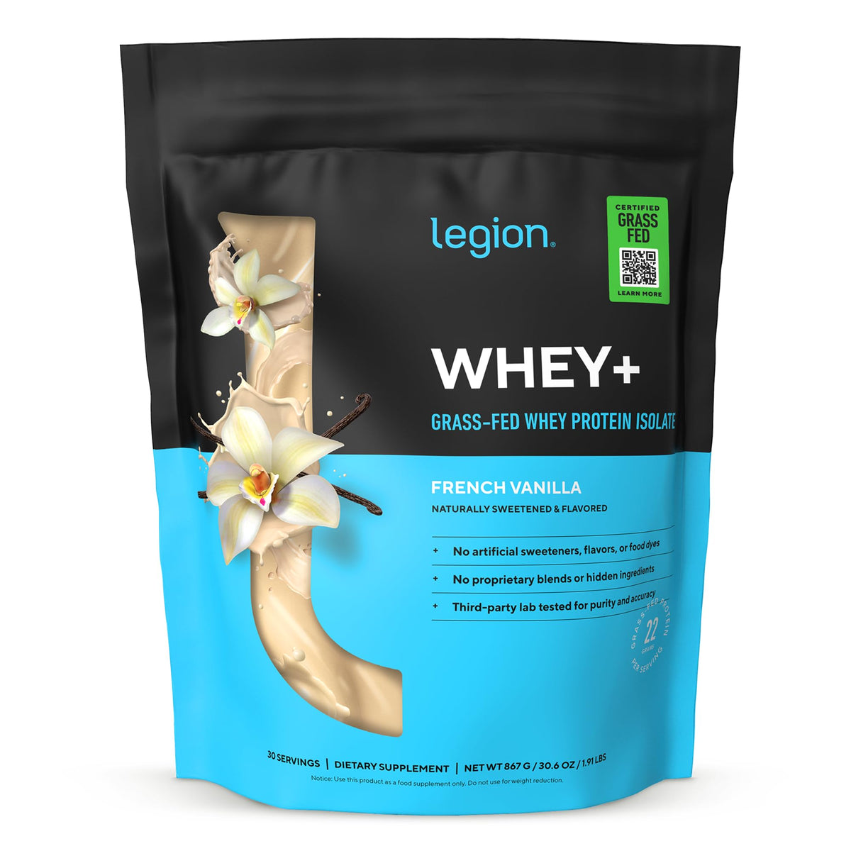 LEGION Whey+ frente del envase con diseño claro y beneficios visibles