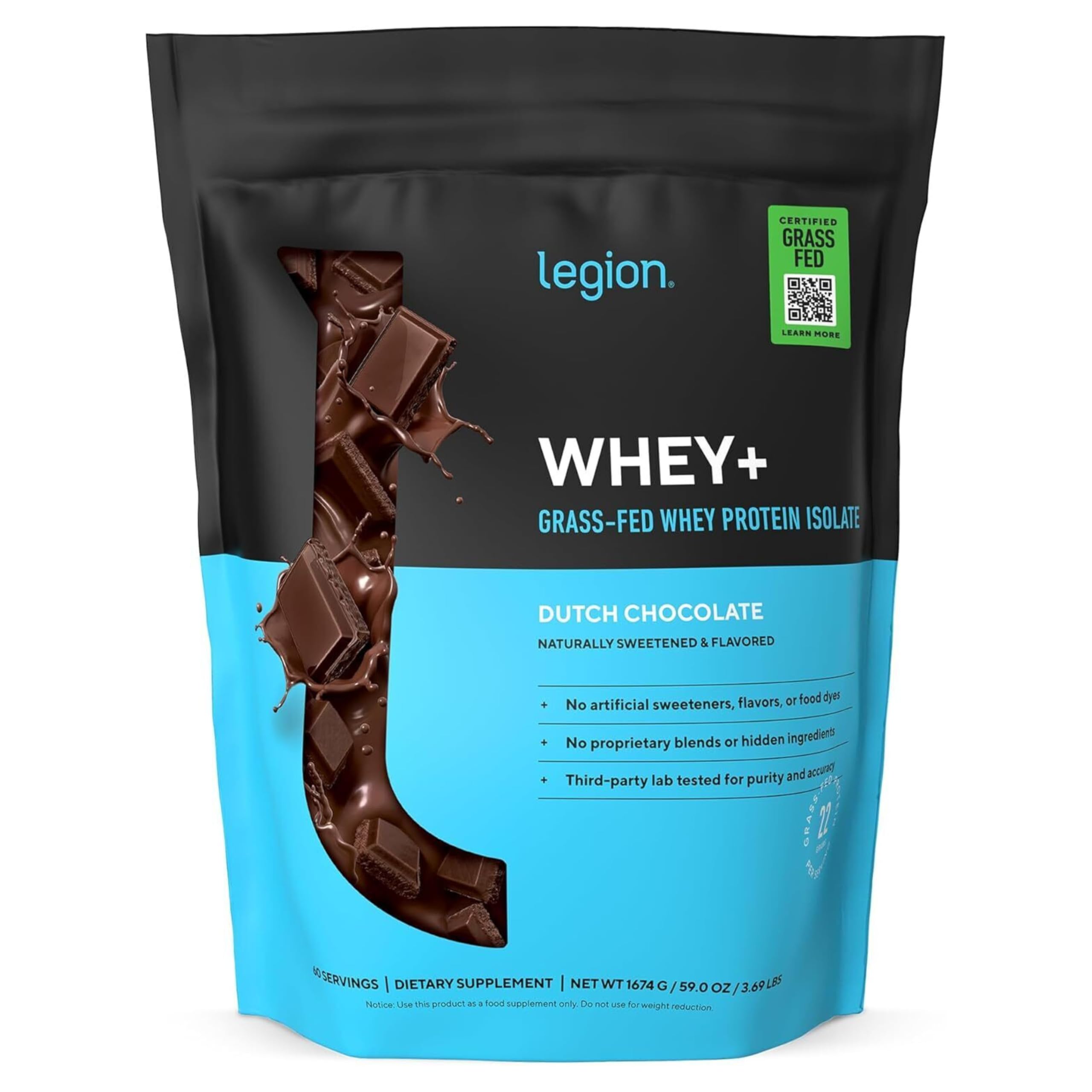 LEGION envase frontal chocolate mostrando información clara y beneficio de pureza