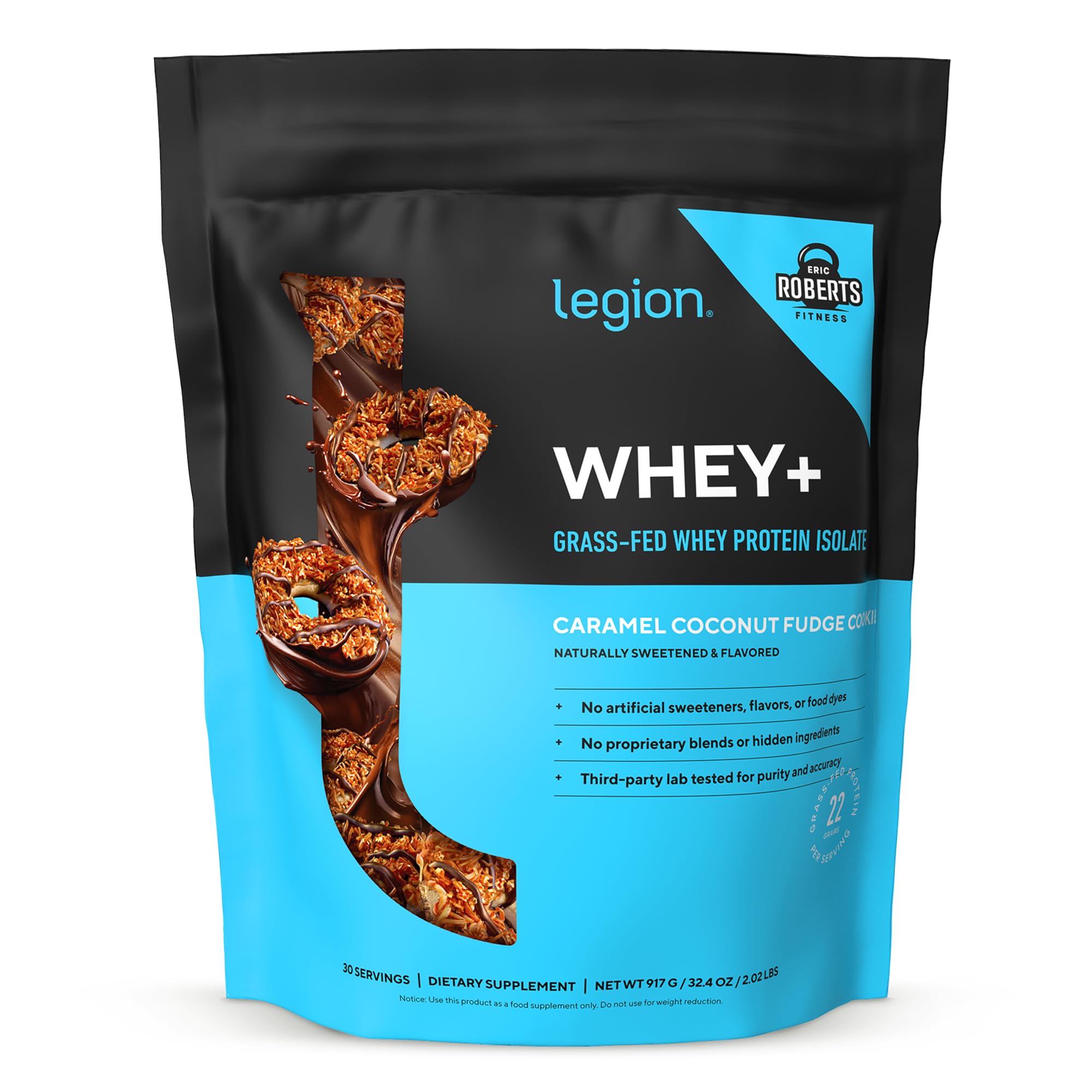 LEGION Whey+ frente del envase mostrando sabor y beneficios