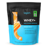 LEGION Whey+ frente del envase mostrando marca y sabor Orange Cream, transmite confianza