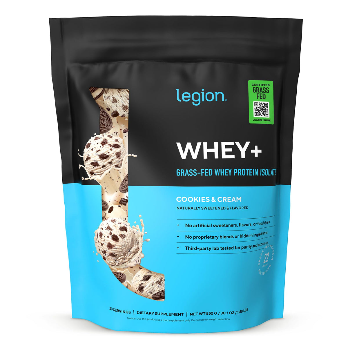 LEGION Whey+ frente del envase mostrando la marca y beneficio de proteína limpia