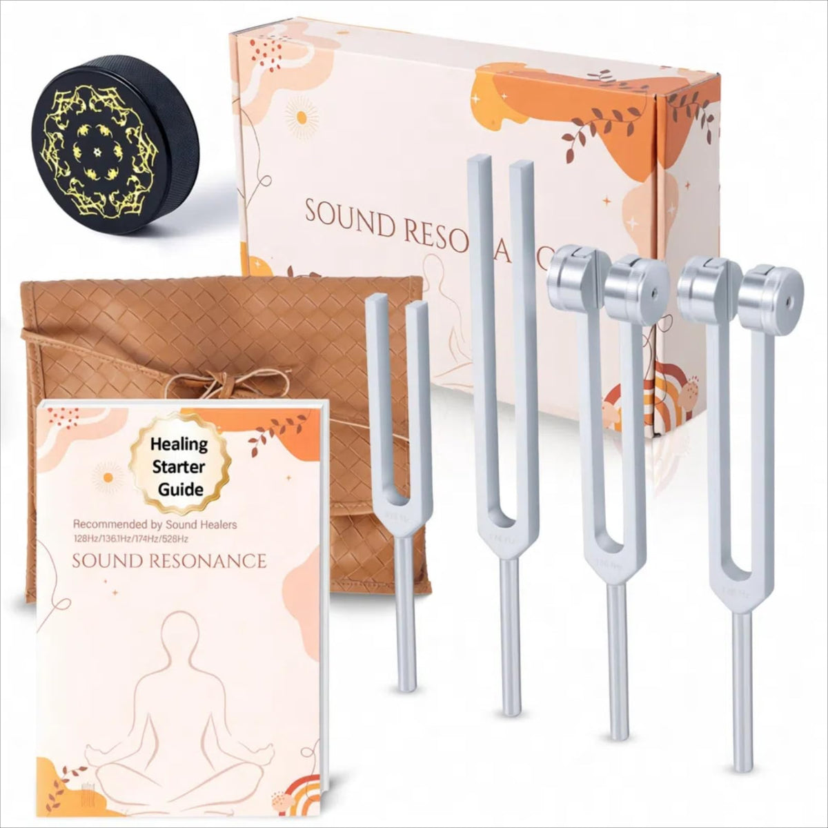 LEGUANG set frontal mostrando los cuatro diapasones y el estuche, práctico para viajes