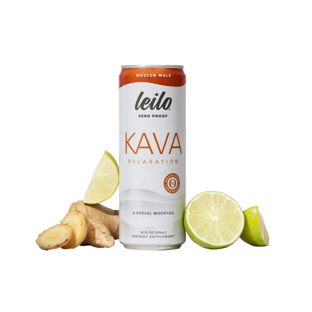 LEILO lata frontal con diseño y rótulo claro mostrando relajación sin alcohol
