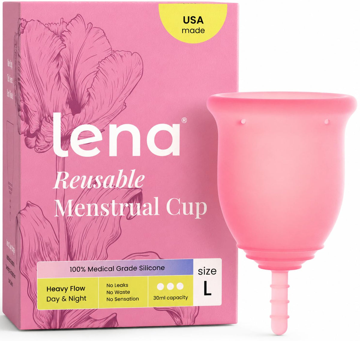 Lena copa frontal y empaque, vista clara y beneficios reutilizables