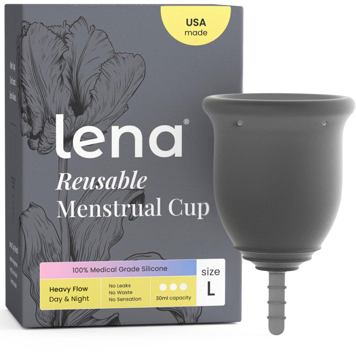 LENA copa frontal en su empaque mostrando diseño y beneficio reutilizable