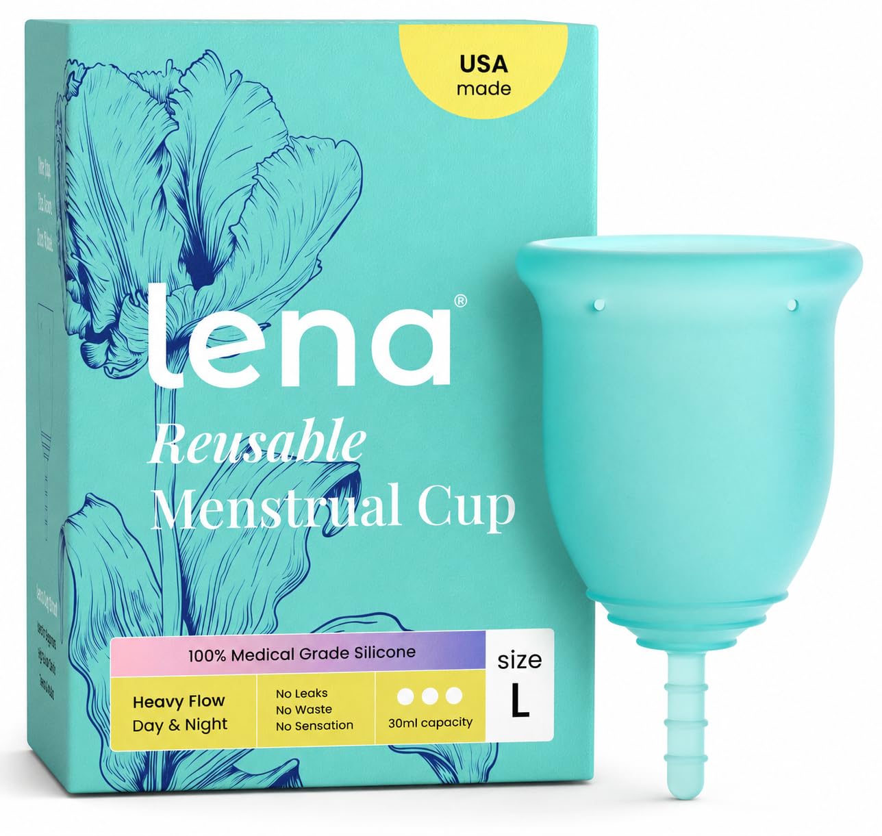 LENA empaque frontal mostrando la copa y beneficios reutilizables