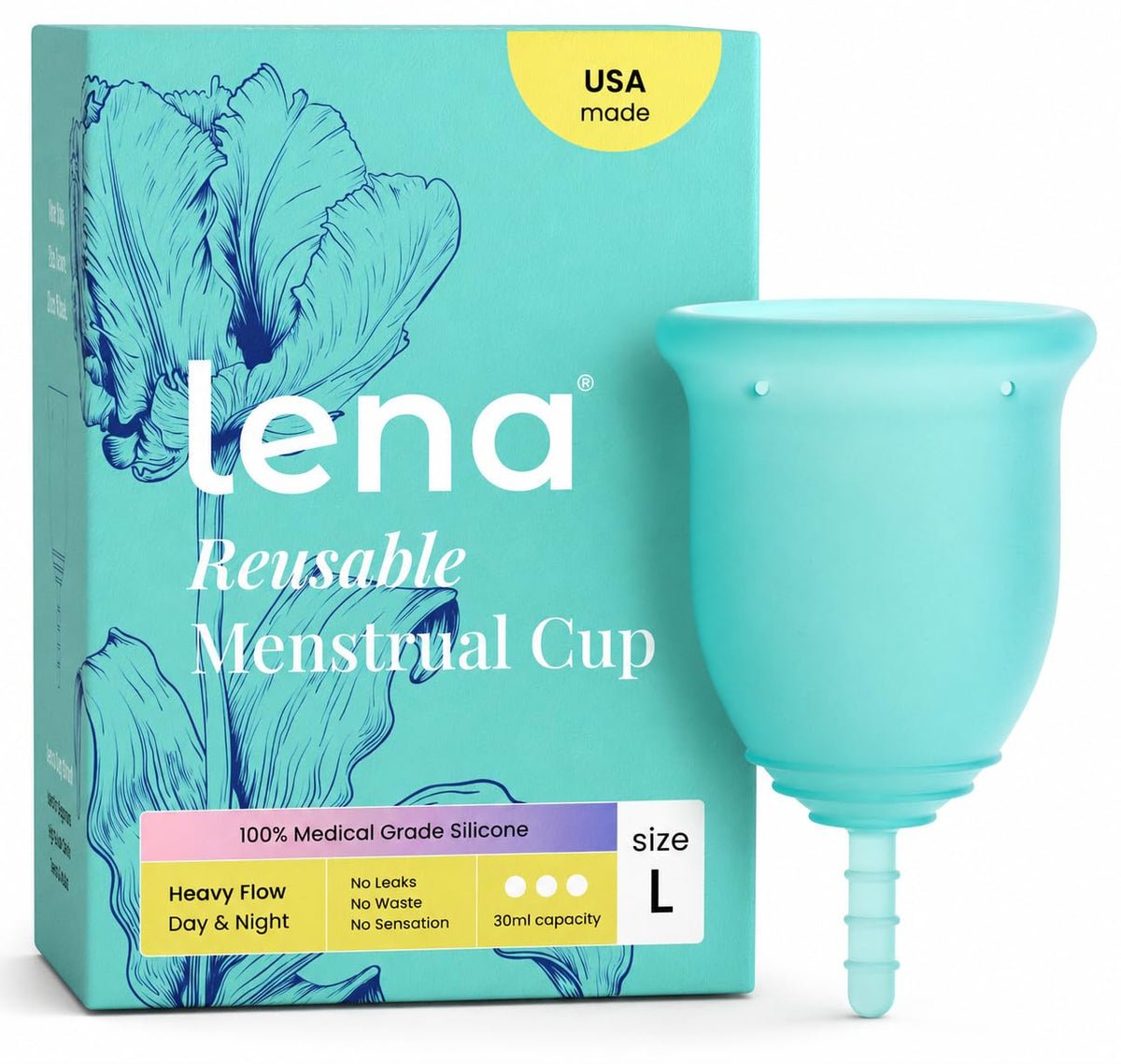 LENA empaque frontal mostrando la copa y beneficios reutilizables
