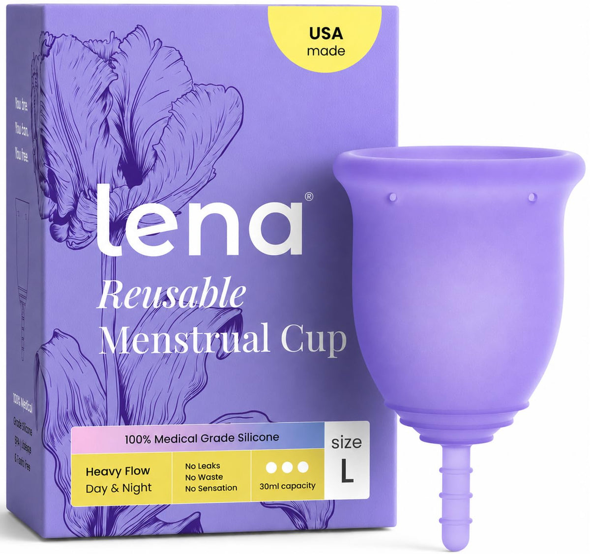 LENA copa menstrual frontal con empaque mostrando confianza y protección
