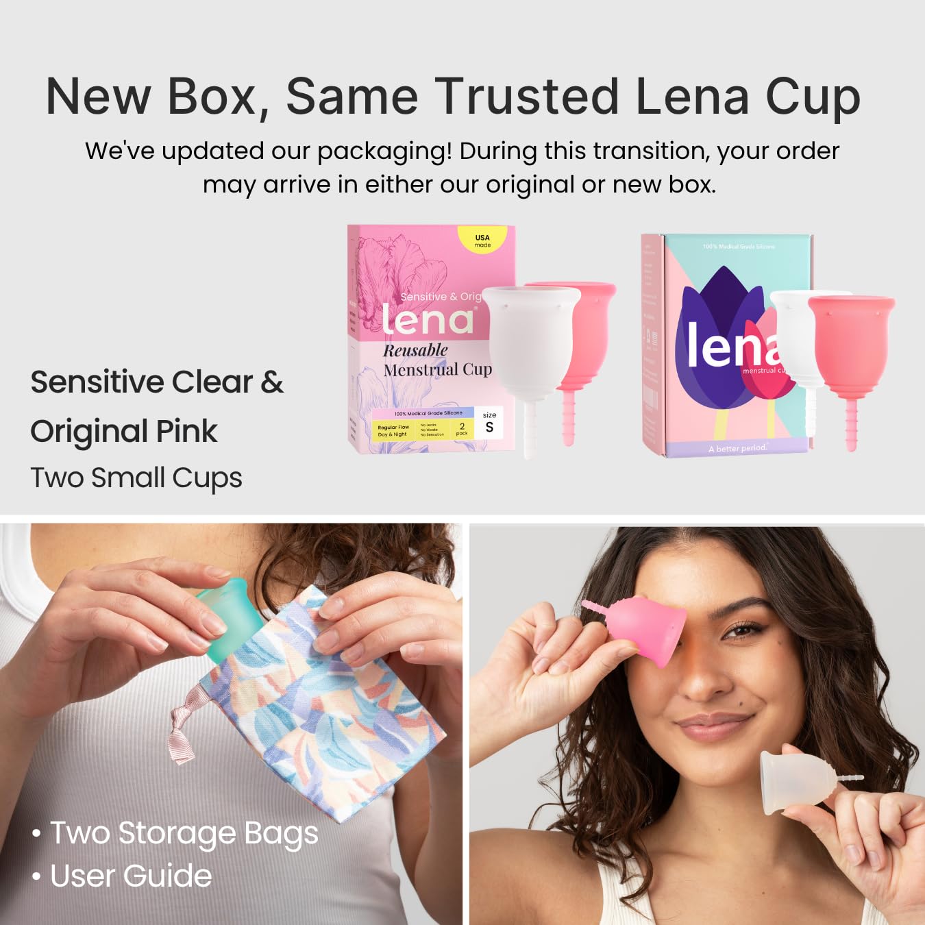 LENA copas pequeña y grande juntas para elegir según flujo